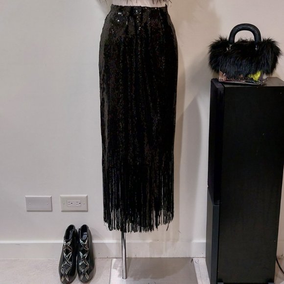 ๐ฅSHOWSTOPPER๐ฅZARA Black Sequin Wrap Fringe Hem Ankle Length Skirt - Picture 7 of 16